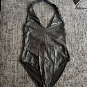 Black Leather Halter Bodysuit
